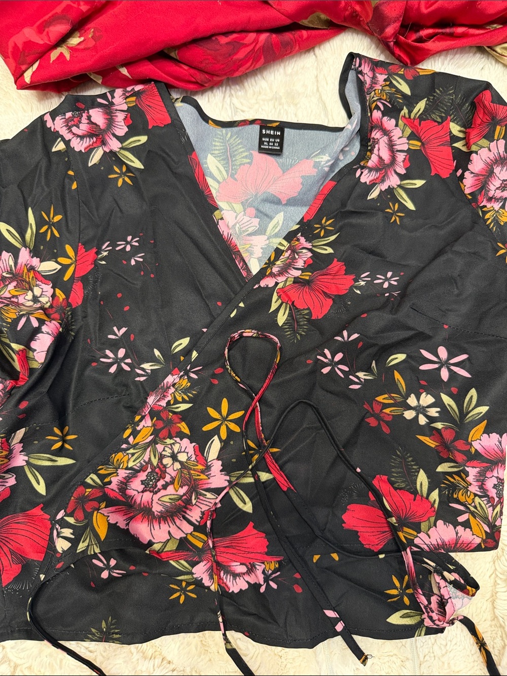 SHEIN Black Floral Wrap Blazer with Pink & Red Flowers